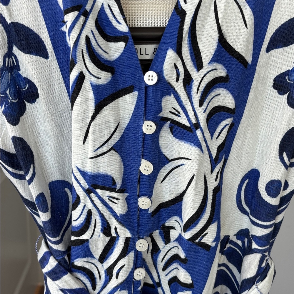 ZARA white and blue floral print linen blend shirt dress. - Picture 3 of 7